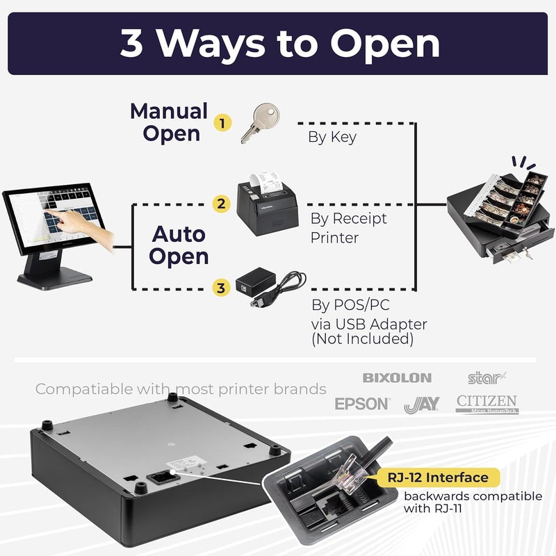 Volcora Cash Register Drawer for (POS) Point of Sale System with Round Corner 13", Removable Coin Tray, 4 Bill/5 Coin, 12-24V, RJ11/RJ12 Key-Lock, Media Slot,Cash Till for Businesses, Black - Image 4